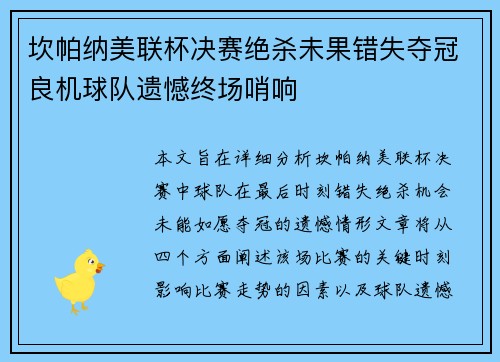 坎帕纳美联杯决赛绝杀未果错失夺冠良机球队遗憾终场哨响